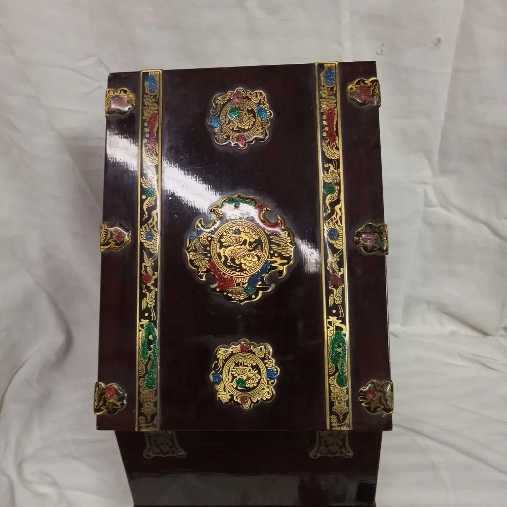 Vintage Asian Style Wooden Jewelry Box with Beveled Mirror